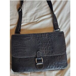 Jack Georges Black Croc Embossed Buffalo Leather Crossbody Flap Bag Card Slots